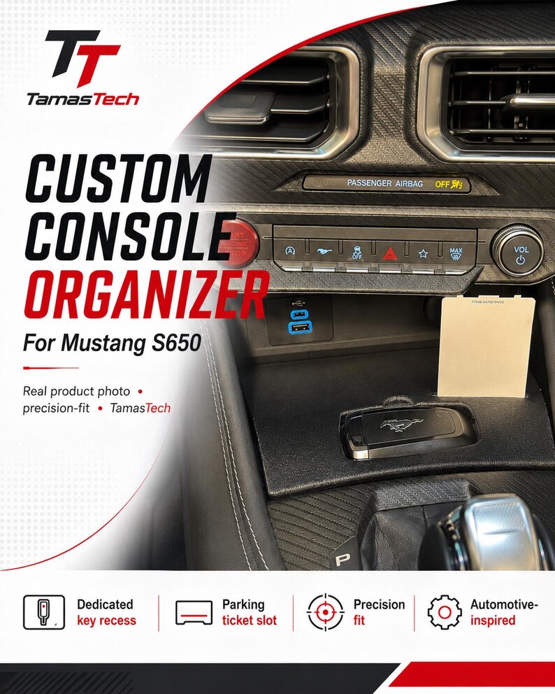 TamasTech Mustang S650 organizer with a key fob cradle and ticket slot
